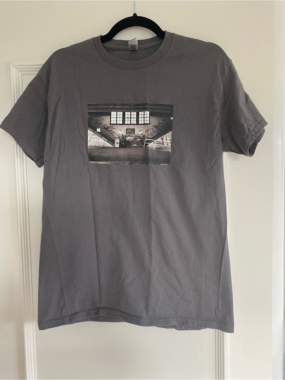 Gildan Charcoal Gray Crewneck Tee with Monochrome Photo Print